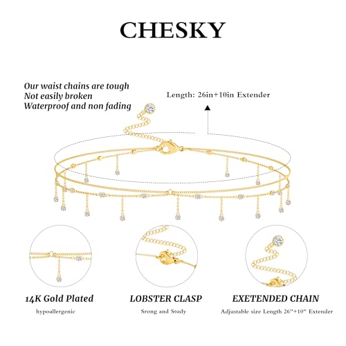 CHESKY Waist Beads for Women, Dainty 14k Gold Plated Waist Chain Beach Accessories Cute Belly Chain Body Chain Gold Chain Belts for Women Summer Beach Jewelry for Womens Gifts Rave Outfits for Womens - style: CZ cuban-gold