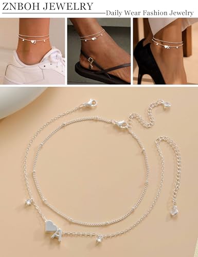 Silver Ankle Bracelets For Women 14k Gold Plated Initial Anklets For Women Waterproof Non Tarnish Dainty Layered CZ Letter A-Z Heart Charm Anklet Set Summer Beach Foot Chain Jewelry Gift - color: Silver
