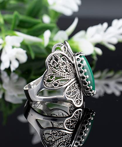 Filigranist Sterling Silver Filigree Art Butterfly Women Cocktail Ring with Gemstones - color: Malachite