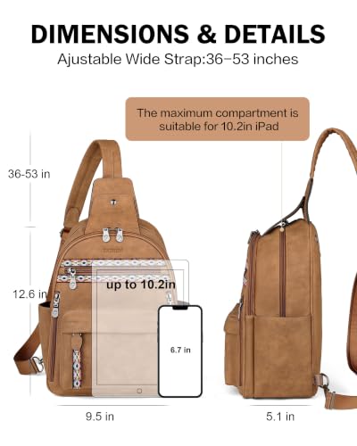 FADEON Large Sling Bag for Women, Leather Crossbody Purse Designer Anti Theft Sling Backpack, RFID Fanny Packs for Travel - color: Camel Brown Nubuck Style