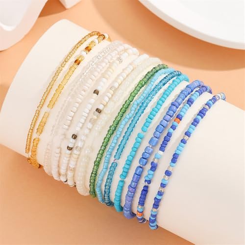 Fuqimanman2020 18Pcs Boho Stackable Beaded Bracelets for Women Colorful Handmade Multilayered Rice Beads Anklets Set Summer Beach Bohemian Jewelry Gift - color: Style 1 Blue B