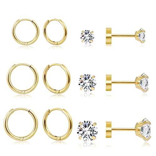 Dainty 6 Pairs Surgical Steel Earrings Sets for Multiple Piercing, Lightweight 14K Gold Plated Small Huggie Hoop Earrings, Flat Back Tiny Ball CZ Stud Earrings for Cartilage, Helix, Lobe, Hypoallergenic - style: 14K Gold Plated- Hoops and CZ Studs