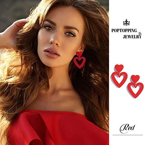 Double Heart Earrings Dangling Heart Drop Earrings For Women Love Heart Dangle Earrings Birthday Gift - color: Red