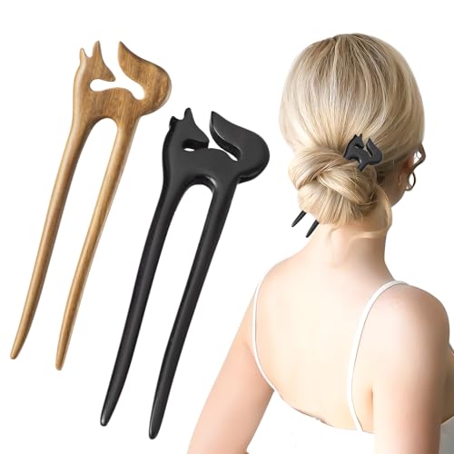 2pcs U Shaped Hair Pins Fox Hair Stick Vintage Hairpin Wooden Hair Fork French Hair Pins for Buns Fox Hairpin Hair Accessories for Women Girls