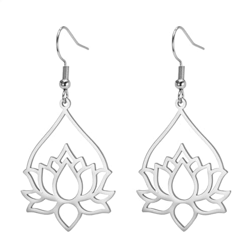 TEAMER Stainless Steel Lotus Flower Dangle Earrings Bohemian Drop Earring Unique Geometric Jewelry for Women - color: Lotus 7-Steel Color