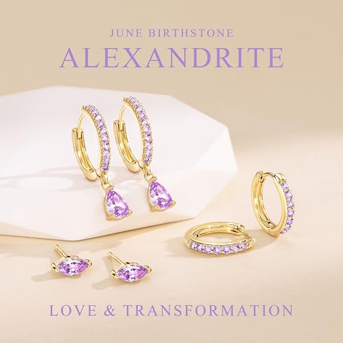 14K Gold Plated Small Huggie Hoop Earrings Set for Women, Hypoallergenic Dainty Sterling Silver Dangle Studs for Cartilage Helix, Lightweight Trendy Cute Stack Birthstone Jewelry Gift - color: 06_Alexandrite_Jun_Gold