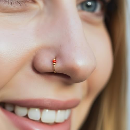925 Sterling Silver & 14K Gold Filled Nose Ring Hoop Handmade Piercing Jewelry For Women - 24 Gauge 2mm,7mm Tiny Nose Ring with Opal - Gift Ready - color: Red Opal Gold