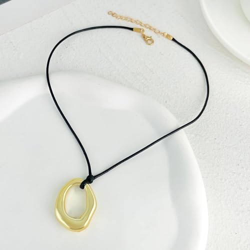 Black Cord Necklace with Gold Circle Pendant Chunky Leather Cord Necklace Large Round Pendant Statement Necklace Long Boho Jewelry Western Outfit for Women - color: A2