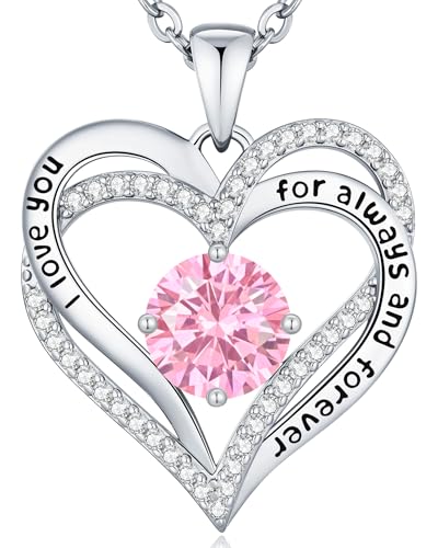 CDE Engraved Forever Love Heart Birthstone Necklace Jewelry Gifts for Women | Hypoallergenic,Nickel-Free & Lead-Free,3 x 3 mm 5A CZ Heart Pendant,Anniversary Christmas Birthday Gift for Girlfriend Wife - color: Birthstone-10-Oct, style: Rhodium Plated-Bra