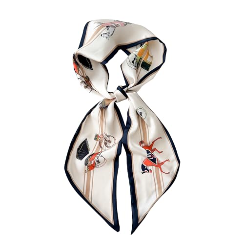 Hair Scarf for Women - 53"x5.3" Purse Scarf, Extra Long Satin Wrap, Versatile Belt & Boho Neck Accessory - color: White Horse