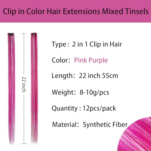 12pcs Clip in Pink Purple Hair Extensions, 22 Inch Rainbow Hair with Silver Tinsels,Colorful Holiday Party Highlights for Women - color: Rose Purple