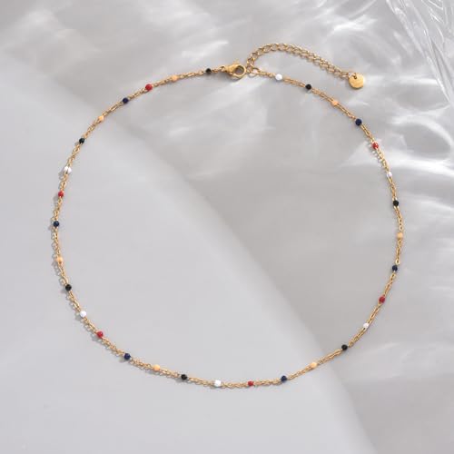 NONAMOIS Gold Chain Necklace for Women Dainty 18K Gold Plated Thin Satellite Beaded Turquoise Necklace Simple Layered Boho Jewelry Christmas Gifts - color: Colorful Beads-Gold