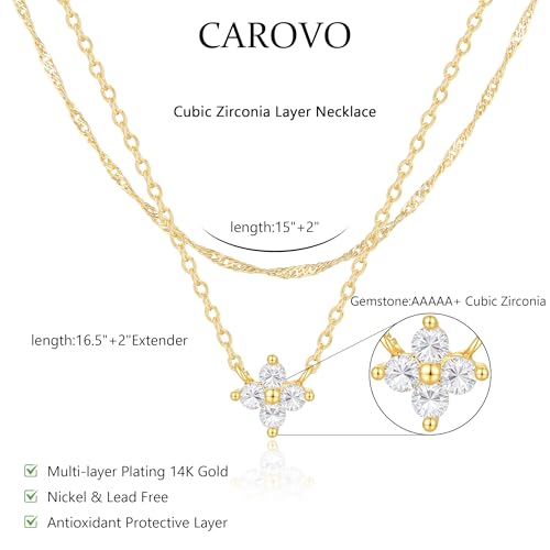 CAROVO Gold Necklace for Women Dainty 14K Gold Plated Choker Cross Flower Cubic Zirconia Necklaces Simple Layered Gold Chain Trendy Jewelry Gifts for Women - style: B:Layered Flowet CZ Necklace