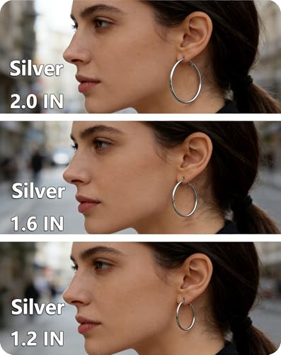 6 Pairs Silver Gold Hoop Earrings for Women - 14K Gold Plated 316 Stainless Steel, Hypoallergenic Lightweight 20/30/40/50/60/70mm Hoops Set - color: Gold & silver