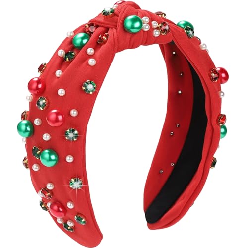 WantGor Pearl Knotted Headband, Women Rhinestone Embellished Hairband Elegant Wide Top Knot Bride Headbands Headpieces Party Fashion Elegant Ladies Hair Band Hair Hoop Accessories (Christmas Red) - color: Christmas Red