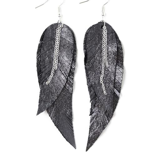 Black shiny Leather Feather Earrings for Women, Lightweight Minimal Boho Dangle Earrings, Small Simple Everyday Jewelry - color: Black metallic