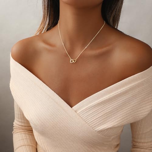 Heart Necklace for Women Dainty 14K Gold/Silver Plated Love Charm Pendant Choker Adjustable Chain Meaningful Cute Jewelry Gift for Her Wife Best Friend Couple - style: Double Heart-GD