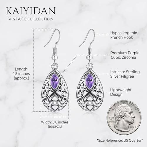 Silver Dangle Earrings For Women Trendy,Boho Cute Drop Western Earings,Vintage Gothic Ethnic Statement Beach Vacation Long Earrings with Leaf Teardrop Turquoise Crystal Tassels,Fashion Jewelry Birthday Gift. - color: A50) Purple Crystal Engarved Flower Dr