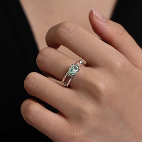 Moissanite Ring for Women, 1.5ct Blue Green Pear Shaped Teardrop Moissanite Colored Ring, 18K Gold Plated Sterling Silver, Statement Cocktail Rings for Women, Birthday Anniversary Jewelry Gift - color: Silver