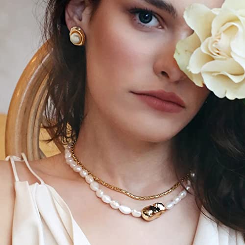 18K Gold Love Knot Stud Earrings for Women Statement Button Pearl Stud Earrings Minimalist Cute Small Post Earring - color: 2. Pearl