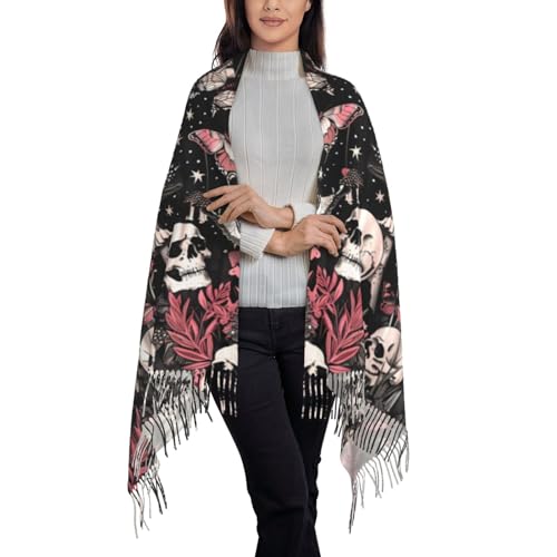 Skull Mushroom Hippie Scarf for Women– Winter Shawl with Tassels, Cozy Wrap for Women’s Festival & Casual Wear - color: Skull Hippie Mushroom