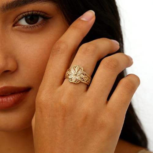 925 Sterling Silver Floral Filigree Ring for Women 14K Gold/Silver Plated,Vintage Classic Flower Statement Ring Jewelry Gifts for Her,Dainty Promise Ring for Anniversary Wedding Engagement Daily Size:6-10 - color: Gold