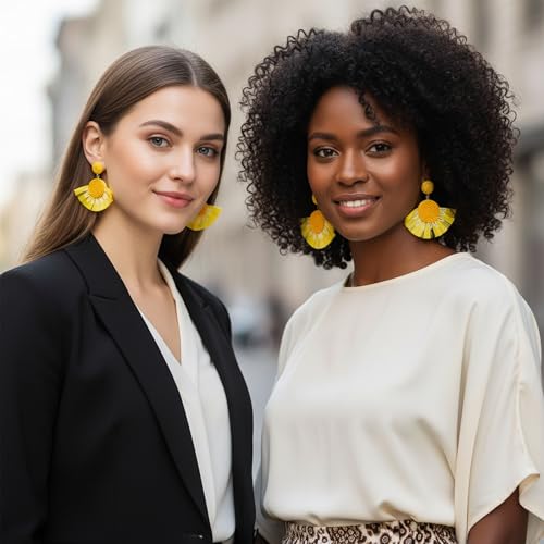 Boho Raffia Floral Fan-Shaped Dangle Earrings, Beaded Textured Statement Earrings with Fringe Detail, Lightweight Drop Earrings for Parties, Vacations and Everyday Outfits