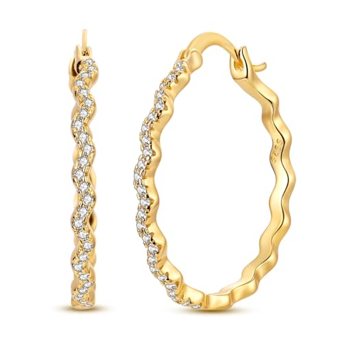 NARMO 925 Sterling Silver Hoop Earrings for Women Hypoallergenic Lightweight Simple Huggie Hoop Earrings Twisted Hoop Earrings Colorful Cubic Zirconia Hoop Earrings Rainbow Hoop Earrings - color: Gold CZ