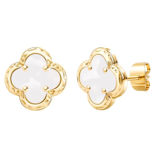 Elegant Black Onyx Clover Stud Earrings, 14K Gold Plated Four Leaf Hypoallergeinc Stud Stainless Steel Flower Earring Lucky Simple Jewelry Gift for Women Shiny Multiple Onyx Colors - color: White Clover Stud Earrings