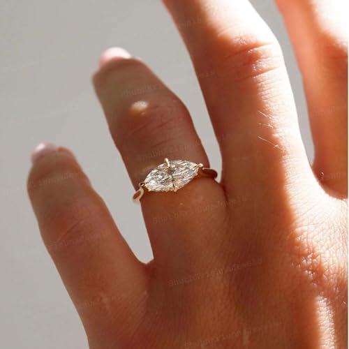14K Yellow Gold Marquise Cut Moissanite Engagement Ring East West Solitaire Ring 4 Prong Setting, Dainty Promise Jewelry Gift for Women