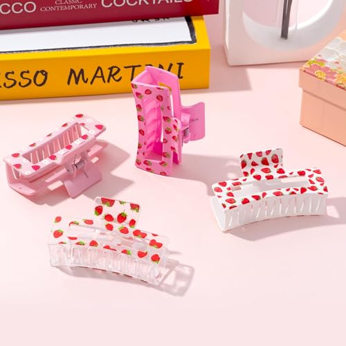 PANTIDE 4Pcs Strawberry Hair Claw Clips for Women Girls - Cute Fruit Rectangle Nonslip Clips Hair Accessories Aesthetic Barrettes for School Daily Party Favor Small Gifts Strong Hold