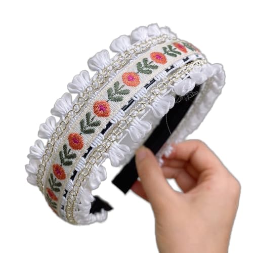 Bohemian Headband for Women-Floral Embroidered Headwrap with Lace Trim Vintage Cute Hair Band for Daily Boho Chic Style (1-White, One Size) - color: 1-White