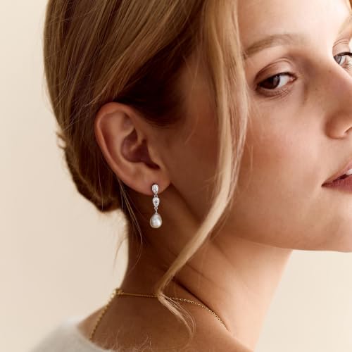 Pearl Earrings for Women, 14k Gold Plated Trendy Diamond Pearl Drop Earrings Hypoallergenic Dainty Bridal Gifts Wedding jewelry for Women - color: E—Silver