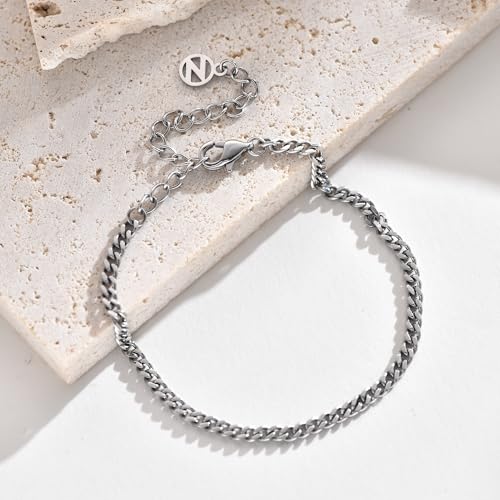 NOKMIT Solid 925 Sterling Silver Bracelets for Women, Dainty Interlocking Circles Cubic Zirconia Adjustable Chain Bracelet, Trendy Stackable Link Bracelets, Simple Cute Jewelry Gifts - color: Silver Cuban Chain