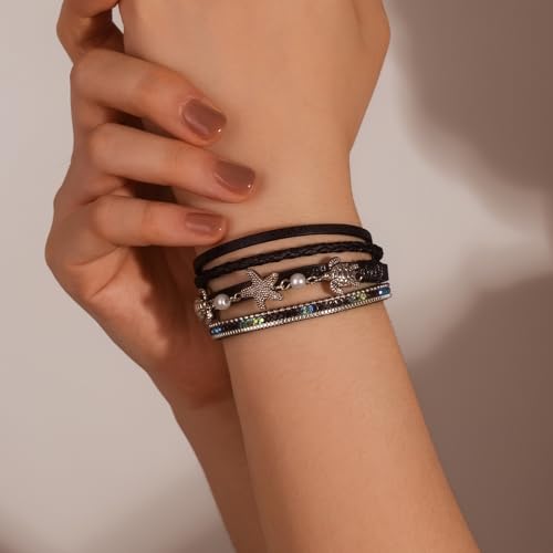 FANCY SHINY Turtle Starfish Leather Wrap Bracelet Boho Rhinestone Pearl Cuff Bracelets for Women Summer Beach Jewelry for Women - color: Black