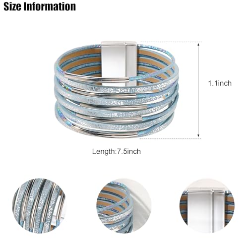 VIBILIA Boho Leather Wrap Bracelets for Women Men Multi-Layer Bracelets with Strong Clasp Western Jewelry - color: 10-Simple Style-Light blue