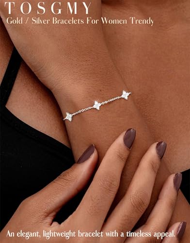 Dainty Silver Gold Bracelets for Women Trendy Non Tarnish 14K Gold Plated Cute Clover Bracelet Stackable Daisy Cubic Zirconia Diamond Charm Bracelet Stack Waterproof Jewelry Gifts - color: A- Clover Bracelet- Silver