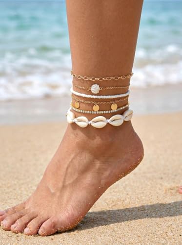 Beach shell sea star sea bead anklet set for Women, adjustable gold-plated Bohemian shell bracelet for ankle Fashion Layered anklet - color: Shell Disc 6Pcs