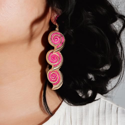 Boho Raffia Earrings Starfish Shell Seashell Dangle Drop Earrings Cute Statemnet Trendy Jewelry Summer Beach Outfits for Women - color: Hot Pink, size: Seashell