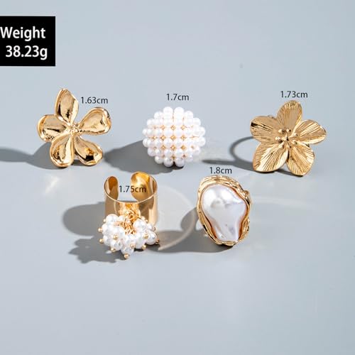 Chunky Gold Rings for Women Non Tarnish Statement Flower Ring Baroque Pearl Stackable Rings Set 6Pcs Chunky Jewelry - color: Gold 6