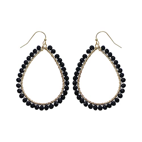 Bohemian Boho Teardrop Dangle Drop Earrings for Women – Delicate - Handcrafted Wire Wrapped Colorful Faceted Glass Beads – Gold Plated – with Gift Box Included - color: Jet Black