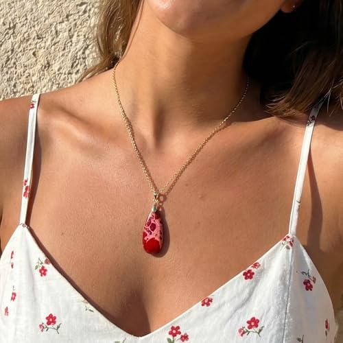 Joya Love 14K Gold Plated Healing Stone Teardrop Pendant Necklace for Women, Waterproof Stainless Steel Chain, Colorful Natural Stone Look, Boho Spiritual Jewelry Gift - color: Red -Gold
