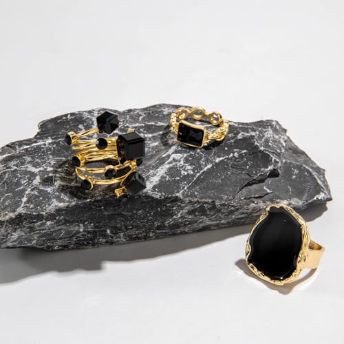 Chunky Black Crystal Statement Rings for Women Gold Large Enamel Round Finger Ring Vintage Cocktail Party Formal Prom Festival Birthday Jewelry - color: Gold