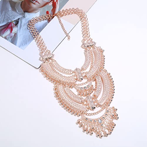 YAZILIND Clavicle Chunky Bib Necklace Layered Tassels Rhinestone Exaggerated Vintage Ethnic Long Engraved Bohemian Statement - color: Rose Gold