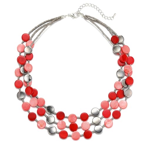 Noessla Layered Beaded Chunky Necklace for Women Boho Two-color Shell Statement Necklace Fashion Collar Costume Jewelry Gifts for Mum - color: Red
