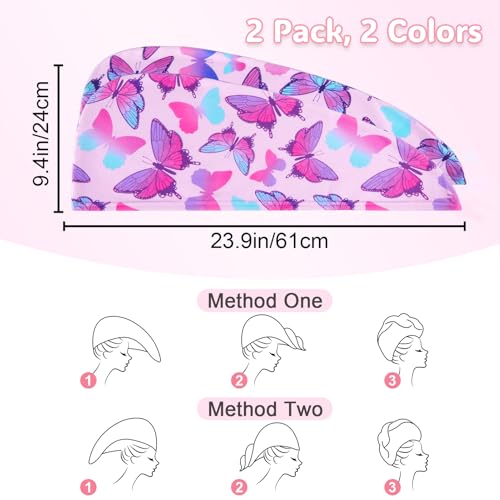 Basumee Microfiber Hair Towel Wrap for Kids 2 Pack - Rapid Drying Turbans With Button for Wet Hair - Head Towel Wrap for Women and Girls, Blue Pink Butterfly - color: Blue Pink Butterfly