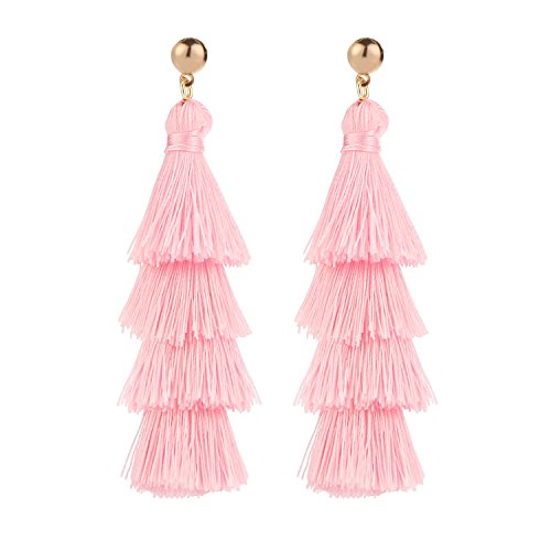 BaubleStar Tassel Earrings Handmade Tiered Thread Tassel Dangle Earrings, Multi Colors - color: Pink