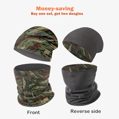 WK IEASON Winter Thermal Fleece Hat Scarf Set for Men Women Warm Windproof Cap Neck Warmer Fleece Beanie Scarf Set for Skiing - color: Army Green