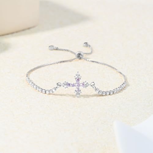 VIBILIA Bracelets for Women, Cross Bracelets for Women Trendy, Dainty Tennis Bracelet, Catholic Gift for Mom Daughter Wife Sister Friend, Communion Gift on Birthday Valentine's Day Easter Mother's Day - color: D. Silver-Purple