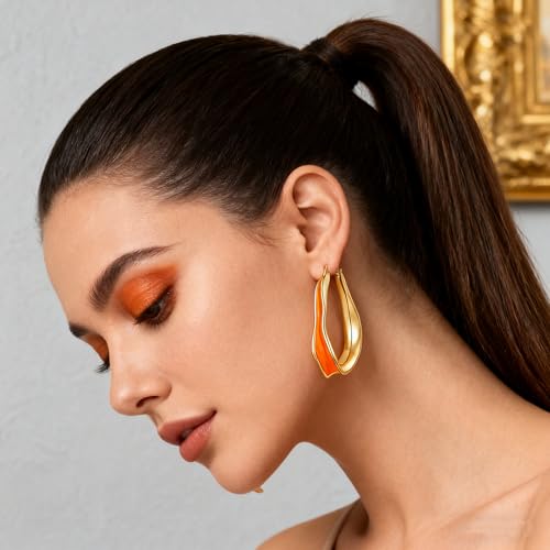 Chunky Hoop Earrings for Women Thick Minimalist Geometric Huggie Hoop Earrings Dainty Thick Y2K Preppy Earrings - style: irregular wave orange